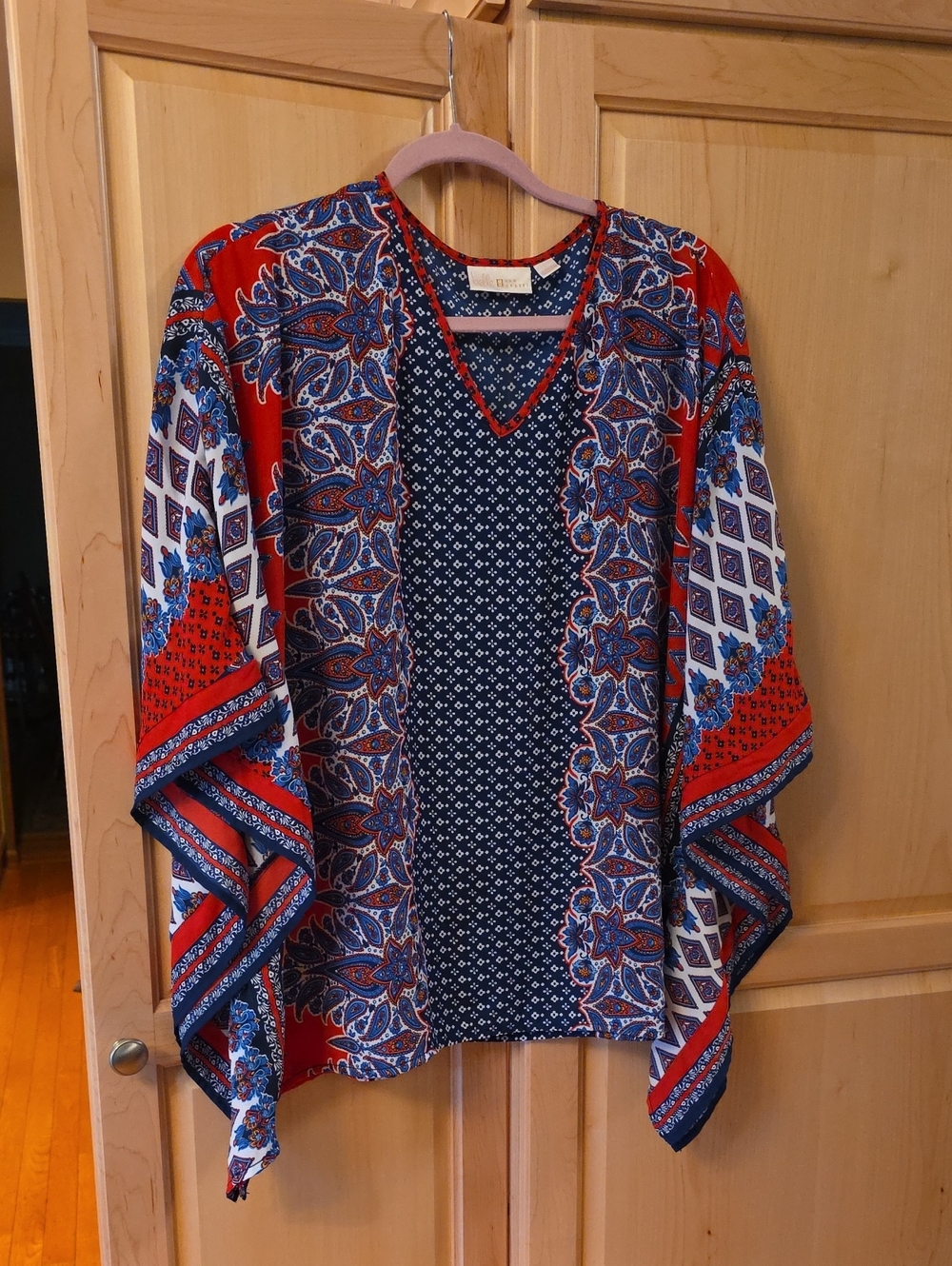 New Belle Kim Gravel Boho V-Neck Poncho Tunic Top - Blue & Red